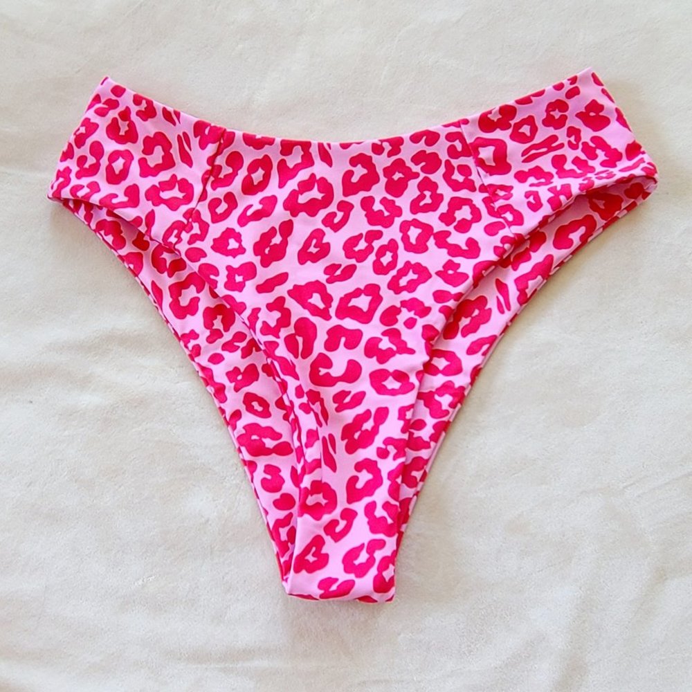 Womens Leopard Print High Waisted Bikini Bottoms ONLY - Pink/Red | Size XL